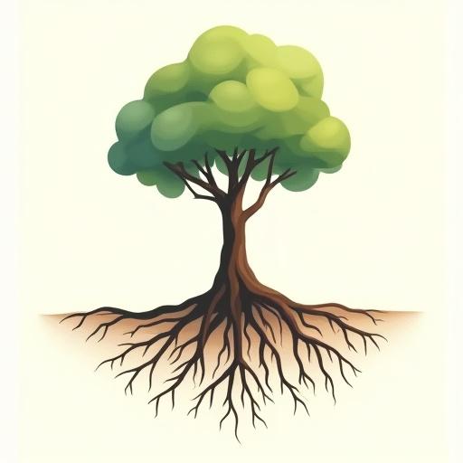 Abstrakte Darstellung eines Baumes mit sichtbarem Wurzelsystem